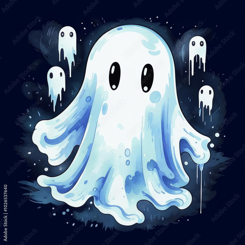 a cute ghost on a black background. October 31st, Halloween. watercolor illustration. artificial intelligence generator, AI, neural network image. background for the design. a cute ghost on a black background. October 31st, Halloween. watercolor illustration. artificial intelligence generator, AI, neural network image. background for the design.