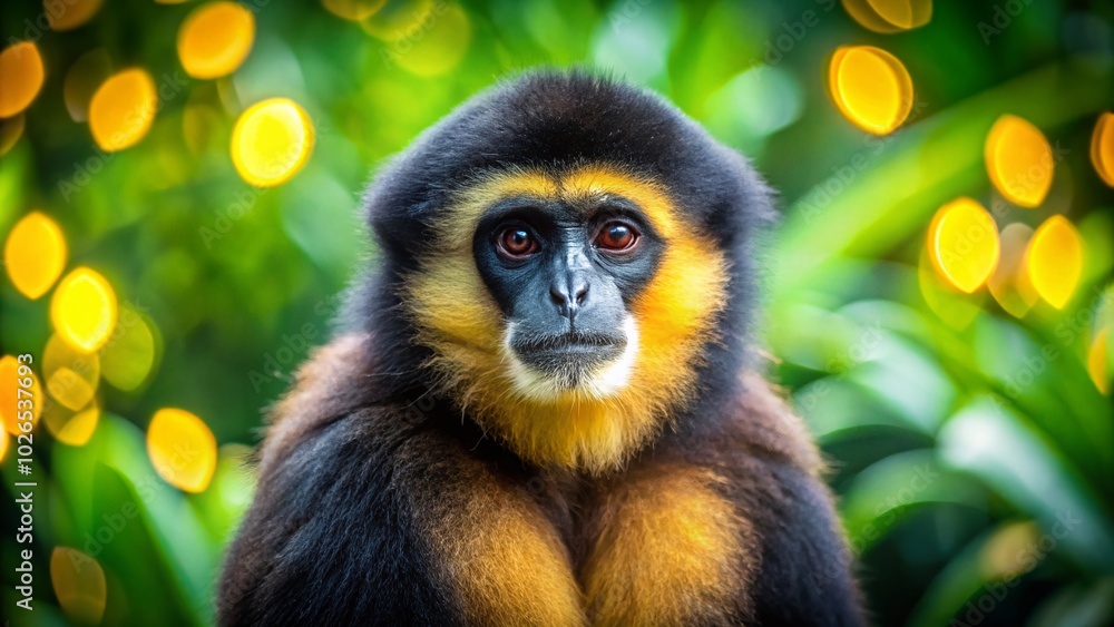 A Yellow Cheeked Black Gibbon swings gracefully in the Singapore Zoo, surrounded by a dreamy bokeh effect, highlighting its vibrant fur and playful A Yellow Cheeked Black Gibbon swings gracefully in the Singapore Zoo, surrounded by a dreamy bokeh effect, highlighting its vibrant fur and playful
