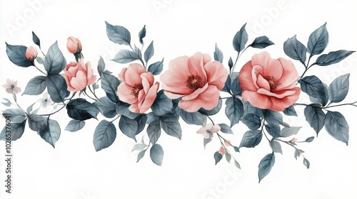 Elegant arrangement of pink roses with delicate leaves in a serene background...