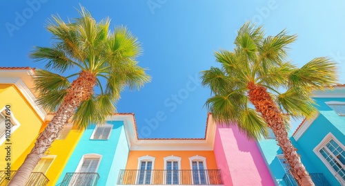 Colorful tropical buildings and palm trees under a clear blue sky in a sunny ...