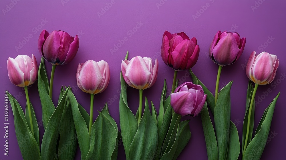 Beautiful purple tulips arranged elegantly against a vibrant purple backdrop in springtime bloom Beautiful purple tulips arranged elegantly against a vibrant purple backdrop in springtime bloom