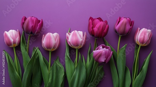 Beautiful purple tulips arranged elegantly against a vibrant purple backdrop in springtime bloom