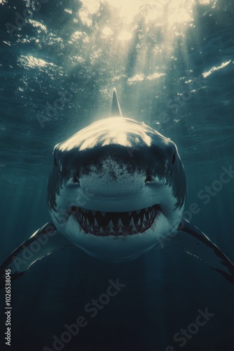 A great white shark swims towards the camera in deep ocean waters illuminated...
