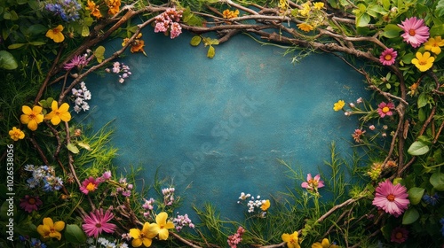 Wallpaper Mural Wildflowers and Twigs Arranged in a Circle Around a Blue Background Torontodigital.ca