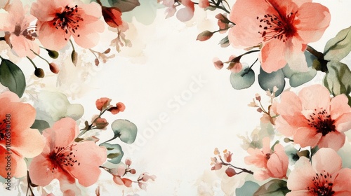 Delicate watercolor floral arrangement featuring peach blooms with green leav...