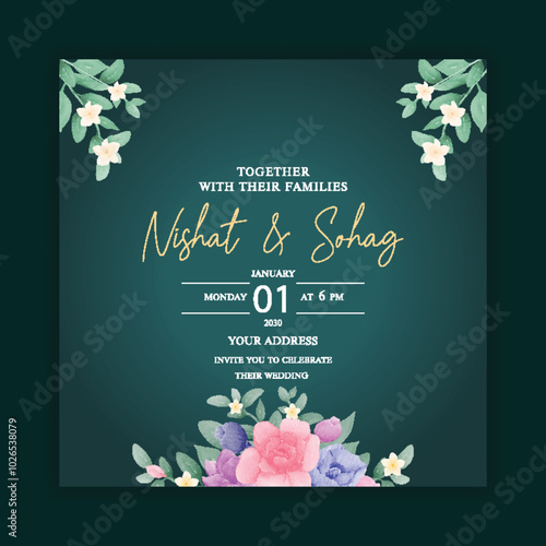 Elegant Watercolor Wedding Invitation with Floral Pink and Green Leaves for Romantic Ceremony