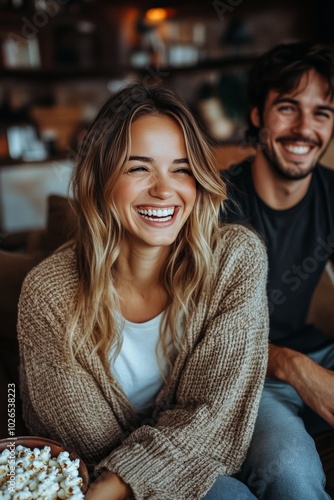 Happy couple enjoying a cozy movie night together at home with popcorn and la...