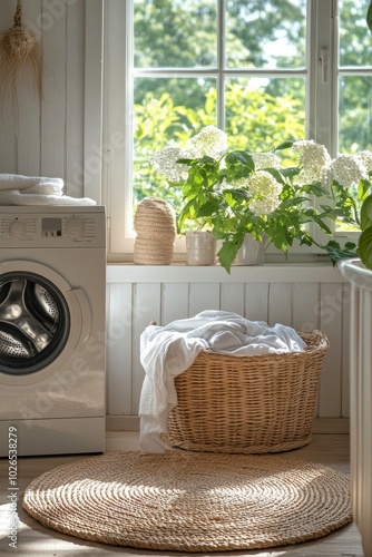 A peaceful laundry room featuring a washing machine and a basket filled with ...