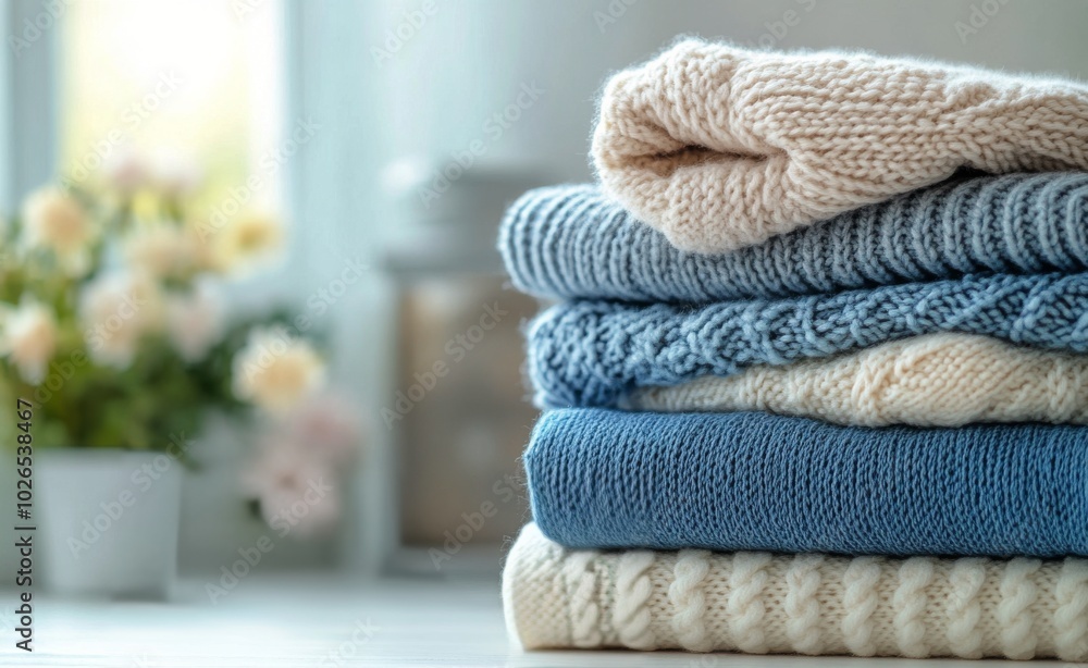Cozy knits neatly stacked near a window with soft natural light and flowers in a vase Cozy knits neatly stacked near a window with soft natural light and flowers in a vase