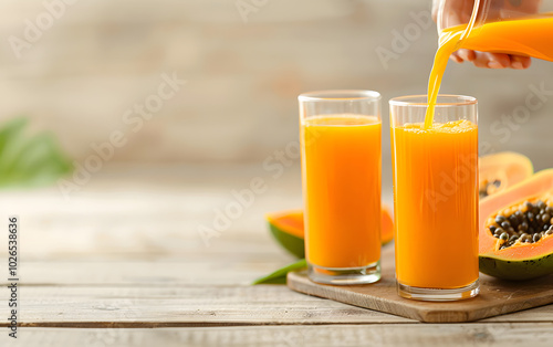 glass of orange juice and fruitsWoman Hand Pouring Fresh Papaya Juice into Glasses | Tropical Refreshment for Healthy Living