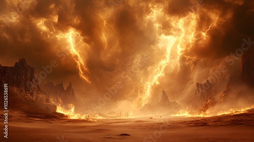 Fiery Lightning Storm Ignites Burning Desert Landscape.