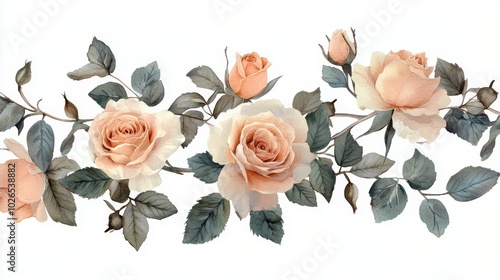 Elegant arrangement of pink roses with delicate leaves in a serene background...