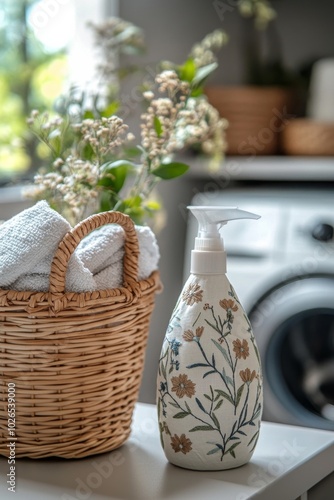 Cleaning supplies and laundry in a cozy, well lit laundry room with plants