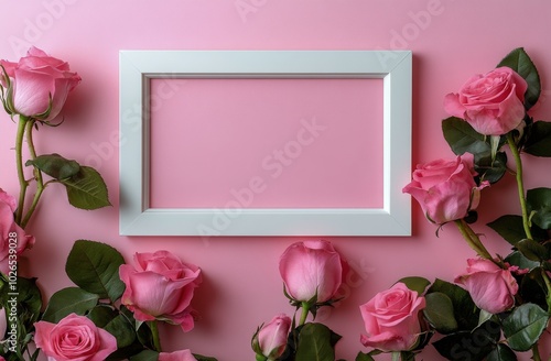 Delicate pink roses surrounding an empty white frame on a soft pink background