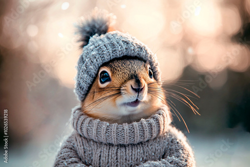 Cute squirrel wearing a knitted hat and sweater, standing outdoors in a winter setting with soft light and a bokeh background photo