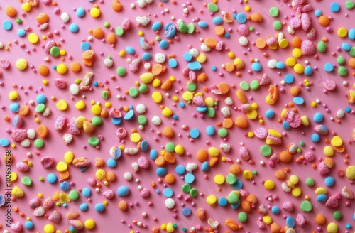 Colorful candy sprinkles scattered on a pink background for festive celebrati...