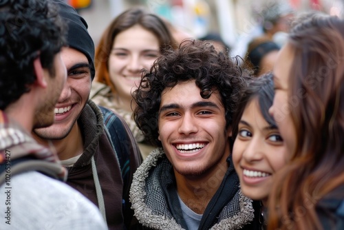 Group of friends walking in the street and smiling. Group of young people.