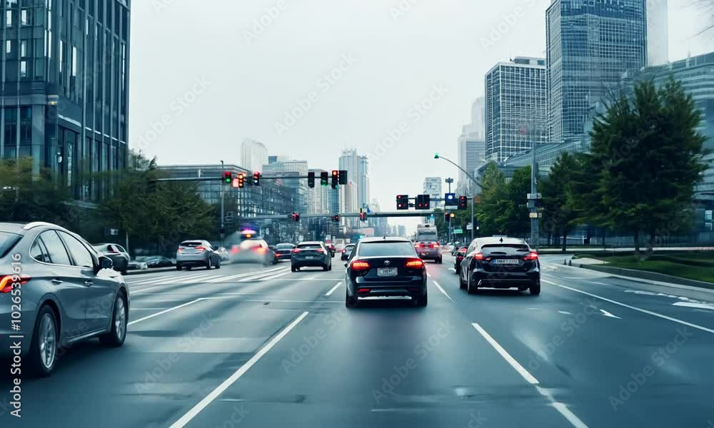 At a multi-lane crossroads with city traffic lights, cars are stalled.
At a multi-lane crossroads with city traffic lights, cars are stalled.