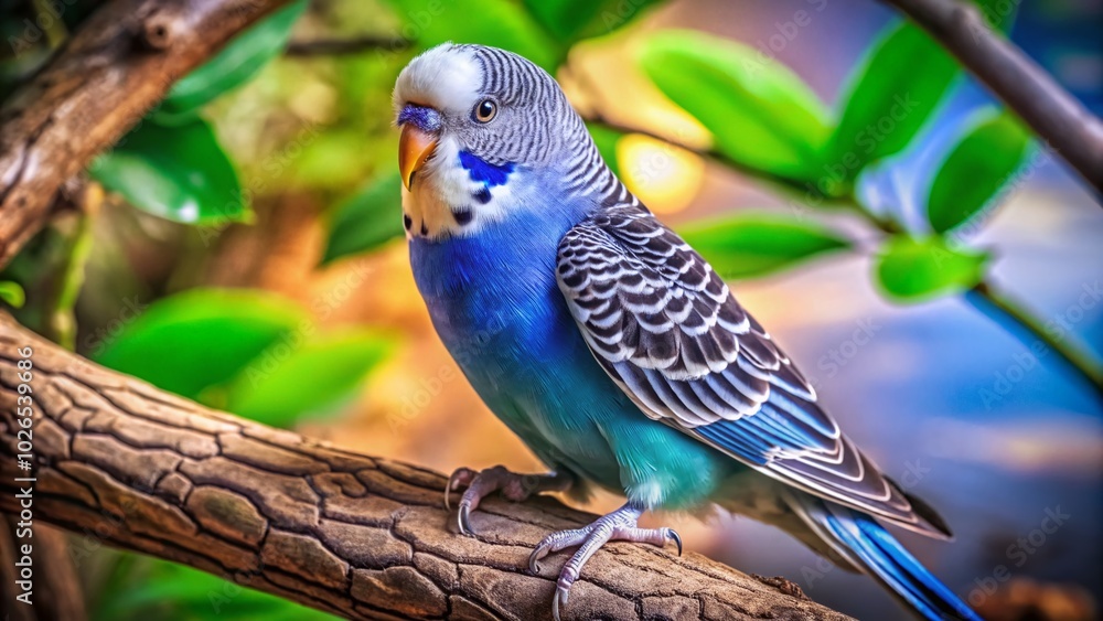 Obraz premium Beautiful Blue Budgerigar on a Branch - Watercolor Portrait Photography