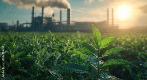 A lush green tea plantation flourishing under sunlight near an industrial lan...