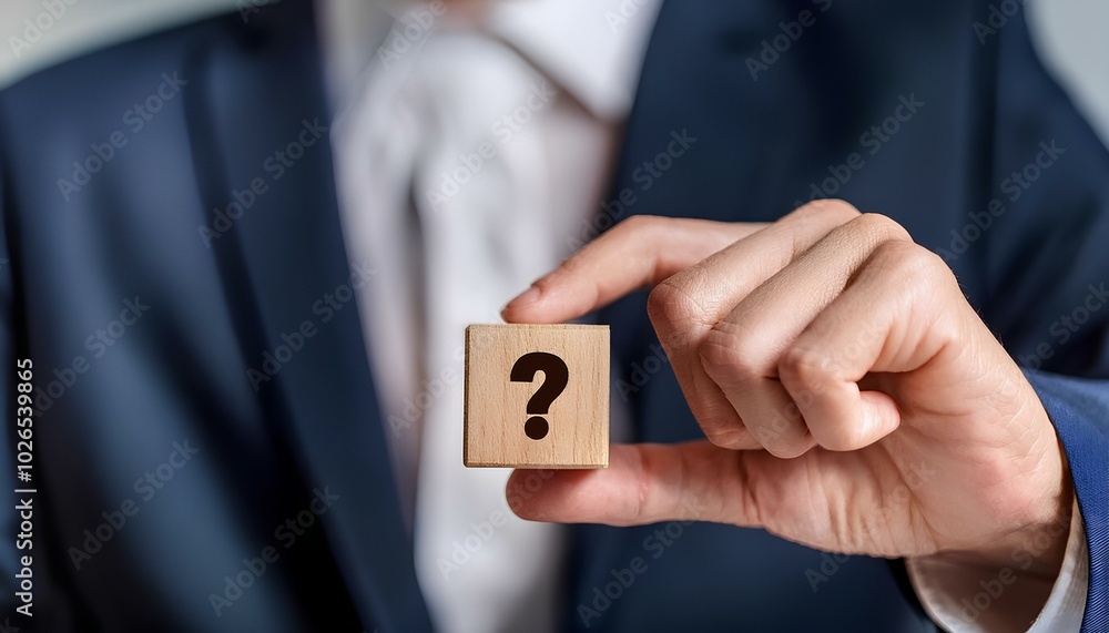 Question mark icon on wood cube in businessman hand Question mark icon on wood cube in businessman hand