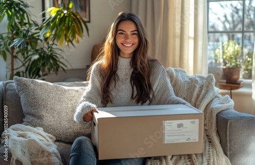 Young woman joyfully receiving a gift while relaxing at home in natural light...