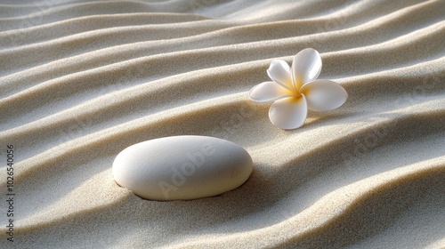 White Plumeria Flower and Smooth Stone Resting on Wavy Sand