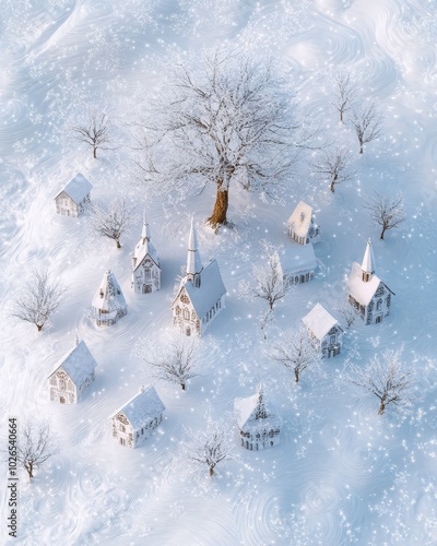 Vue aérienne d'un village enneigé avec maisons blanches et sapins photo