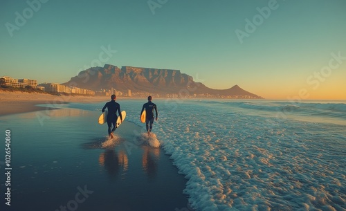 Surfers walking along the beach in Cape Town with Table Mountain in the backg...