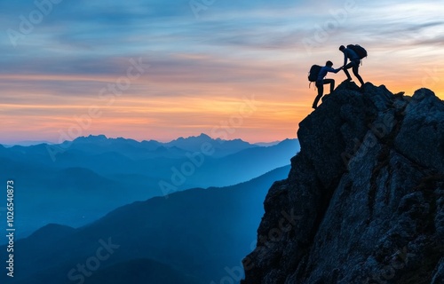 Couple climbing a mountain together at sunset, enjoying a breathtaking view a...