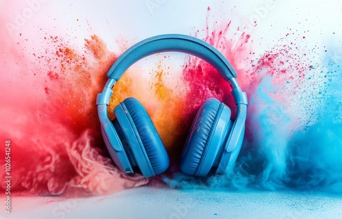 Vibrant explosion of color behind headphones symbolizing music and sound inno...