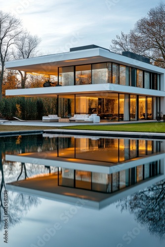 Modern architectural marvel with a sleek pool surrounded by nature on a sunny...