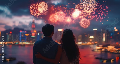 Couple enjoying a festive night under lanterns and fireworks in a vibrant cit...
