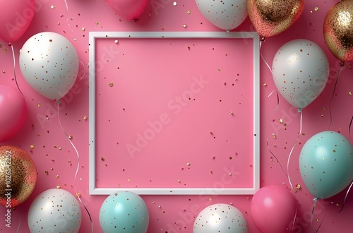 Colorful pink and gold balloons surround a blank white frame, set against a v...