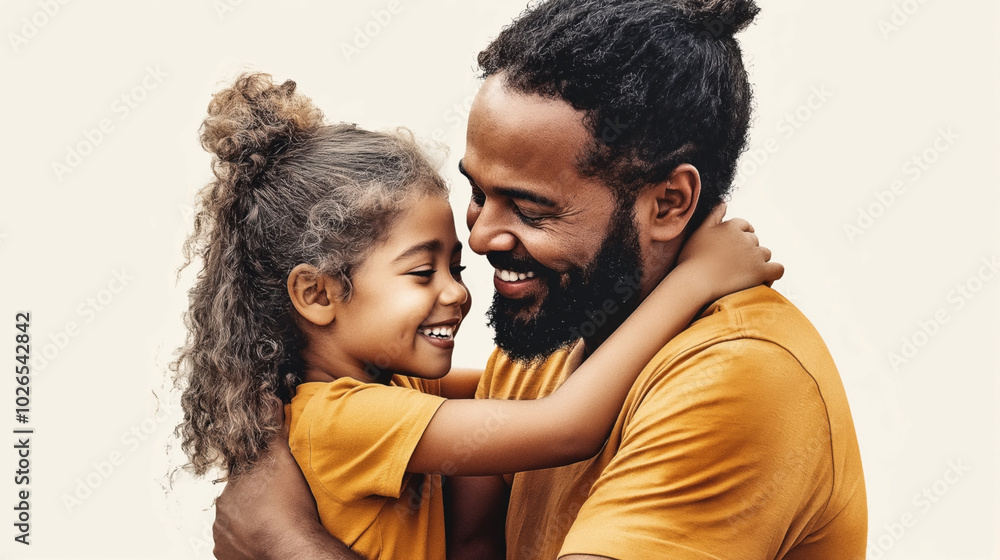 Portrait of a loving father and daughter embracing and smiling, wearing matching orange shirts against a plain background, highlighting family connection and joy. Portrait of a loving father and daughter embracing and smiling, wearing matching orange shirts against a plain background, highlighting family connection and joy.