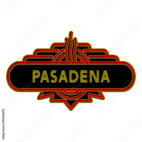 A retro marquee type sign with the word - PASADENA. The sign features bright orange with gold trim, PASADENA is displayed with a multi-line font that might suggest neon. Art Deco. Vintage. photo