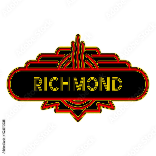 A retro marquee type sign with the word - RICHMOND. The sign features bright orange with gold trim, RICHMOND is displayed with a multi-line font that might suggest neon. Art Deco. Vintage. photo