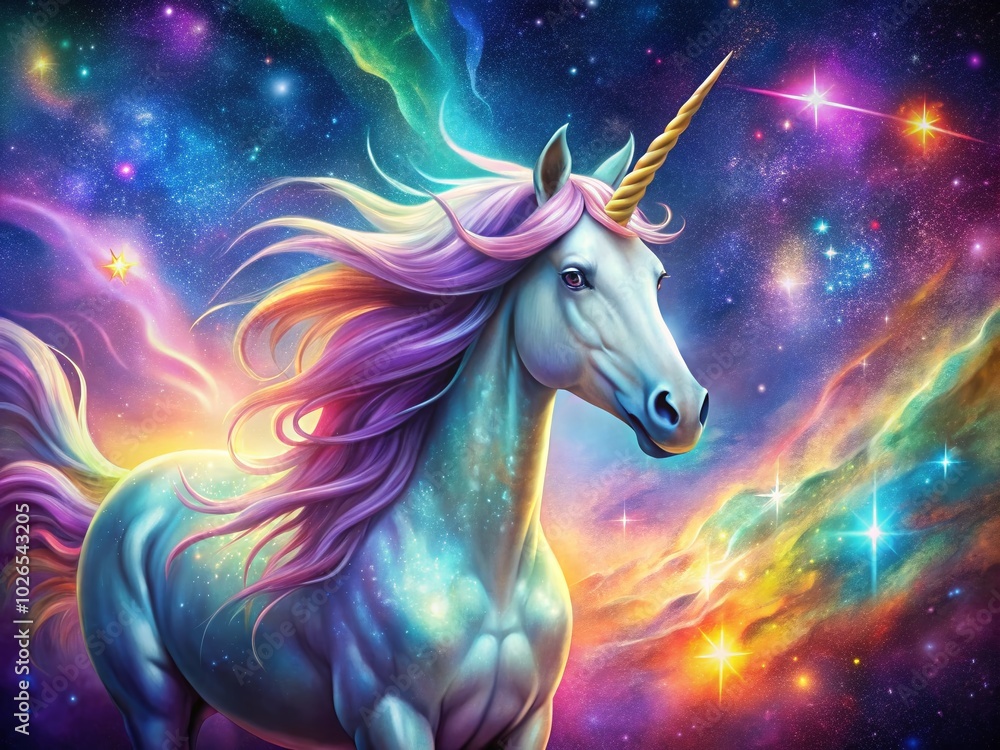 Fototapeta premium Magical unicorn in space with vibrant galaxies, shooting stars, and cosmic colors for a whimsical celestial adventure
