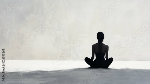 Woman sitting beach black dress zen meditation half deep teenager girl digitally painted looking straight ahead empty white room 