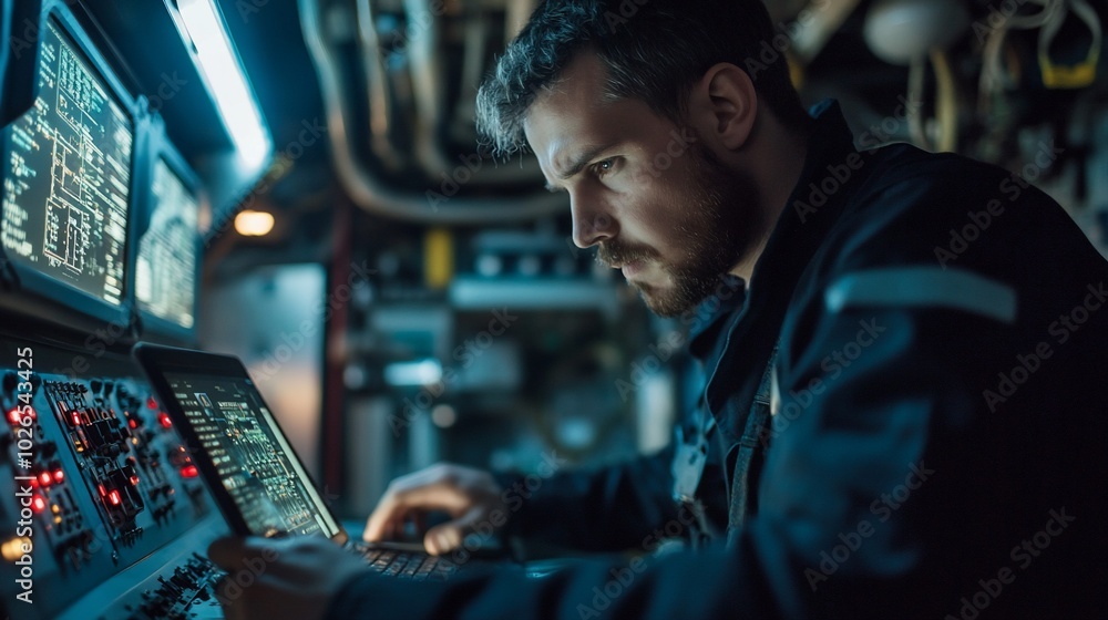 A man in a dark blue jumpsuit works on a computer in a dimly lit room with multiple screens showing data and gauges. A man in a dark blue jumpsuit works on a computer in a dimly lit room with multiple screens showing data and gauges.