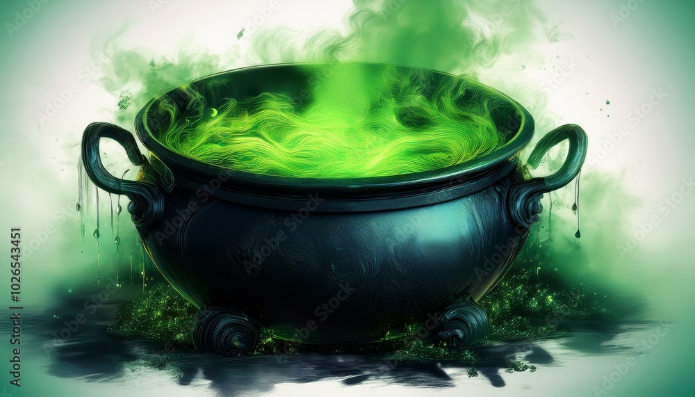 A cauldron bubbling with neon green liquid, steam curling into the air in soft watercolor st A cauldron bubbling with neon green liquid, steam curling into the air in soft watercolor st