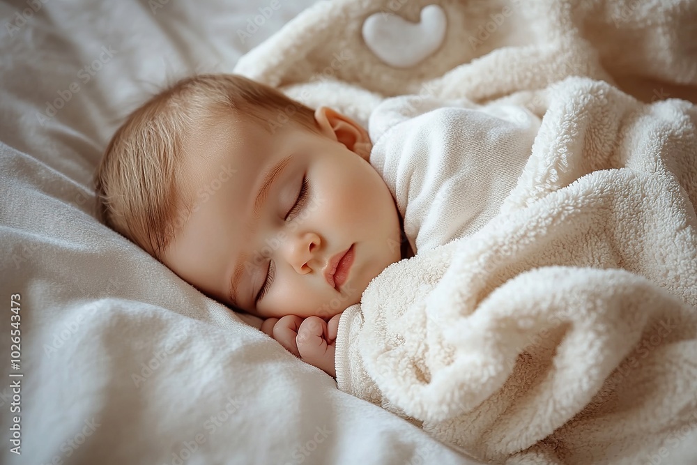 Peaceful baby sleeping in white bedding, wearing a hat, and holding a soft toy Peaceful baby sleeping in white bedding, wearing a hat, and holding a soft toy