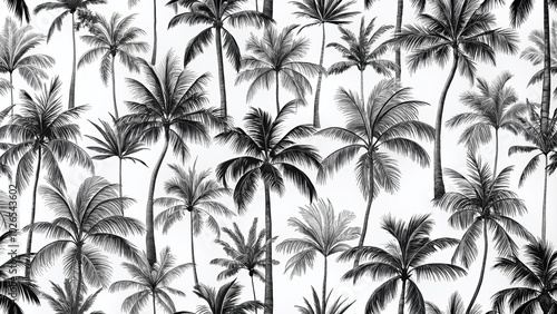 Black and White Palm Trees Silhouette Seamless Pattern for Botanical Decor and Food Photography