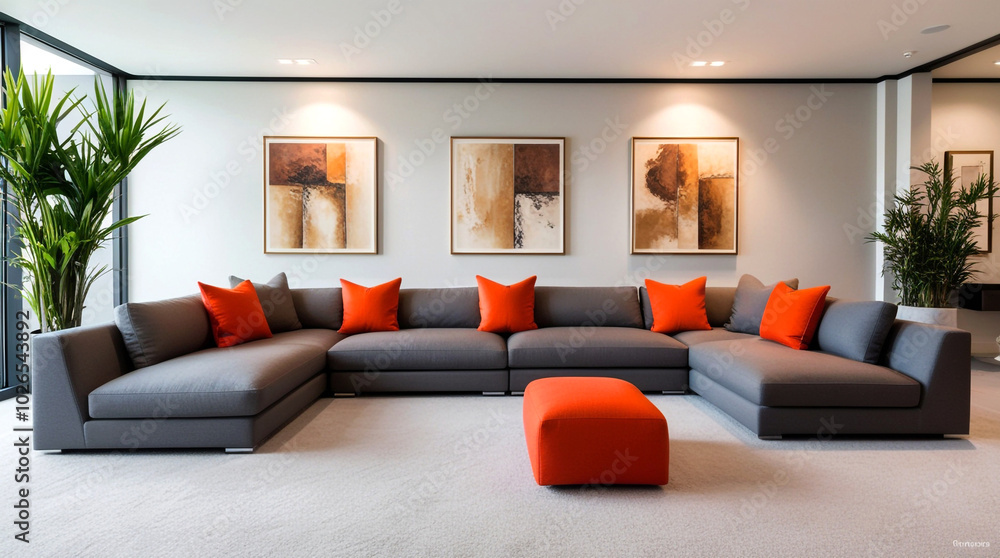 Fototapeta premium Cozy modern living room with gray sectional sofa and bright orange cushions during the day