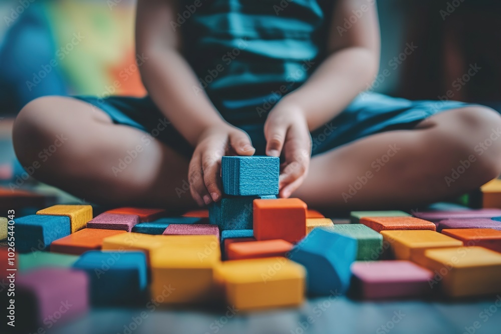 Child playing with colorful wooden blocks, building a tower while sitting on the floor Child playing with colorful wooden blocks, building a tower while sitting on the floor