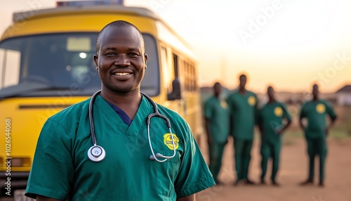 Smiling healthcare professional in green scrubs with stethoscope, outdoors in front of a yellow vehicle.