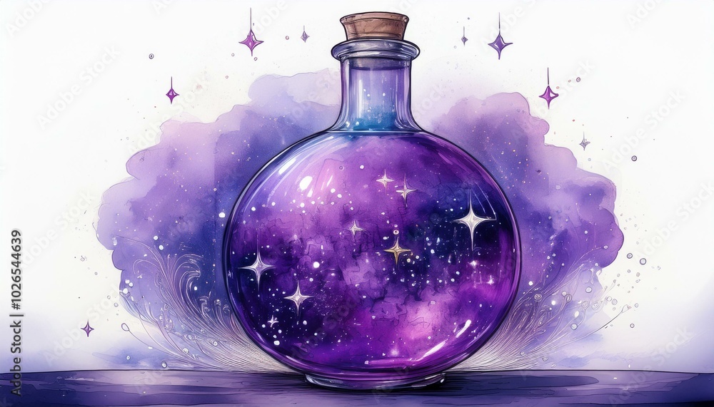 A round glass flask filled with bubbling purple liquid, with tiny glowing stars and moons fl A round glass flask filled with bubbling purple liquid, with tiny glowing stars and moons fl