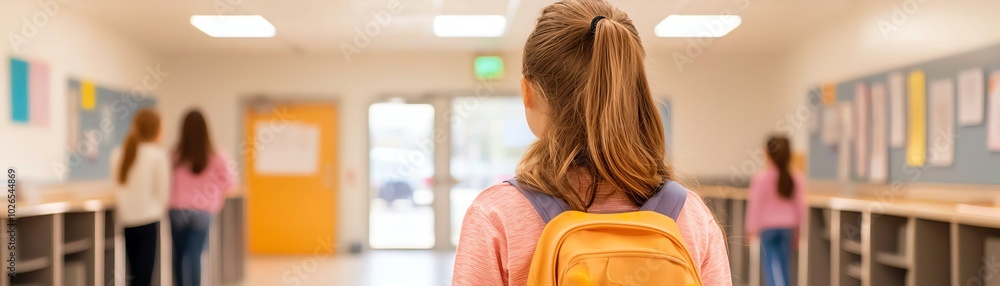 A young girl walking in a school hallway, exploring her environment with classmates nearby. A young girl walking in a school hallway, exploring her environment with classmates nearby.