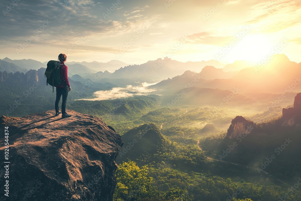 Hiker standing on a cliff edge, admiring a misty mountain landscape at sunrise Hiker standing on a cliff edge, admiring a misty mountain landscape at sunrise