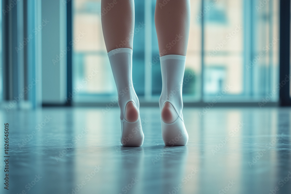 Close-up of ballet dancer's feet in white socks Close-up of ballet dancer's feet in white socks